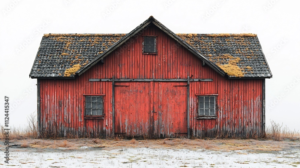 Naklejka premium Rustic Red Wooden Barn with Sliding Door on Plain White Background