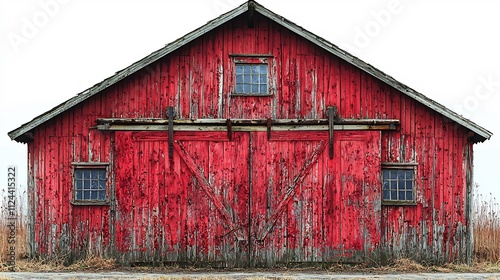 Rustic Red Wooden Barn with Large Sliding Door on White Background