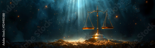Scales of Justice in a Mystical Realm:  A golden scale of justice stands tall, illuminated by a divine light, amidst a mystical realm, symbolizing the pursuit of truth and fairness.
