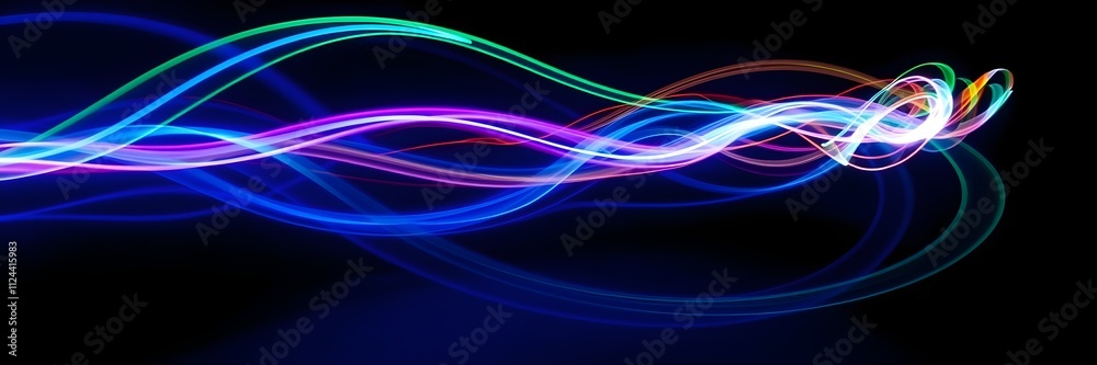 Abstract colorful light waves on a dark background, representing energy and movement Abstract colorful light waves on a dark background, representing energy and movement
