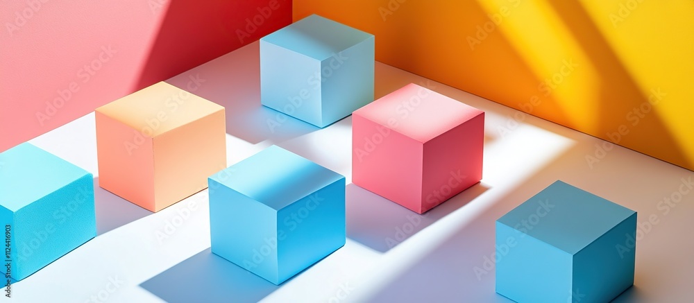 Colorful cubes arranged on a white surface with shadows. Colorful cubes arranged on a white surface with shadows.