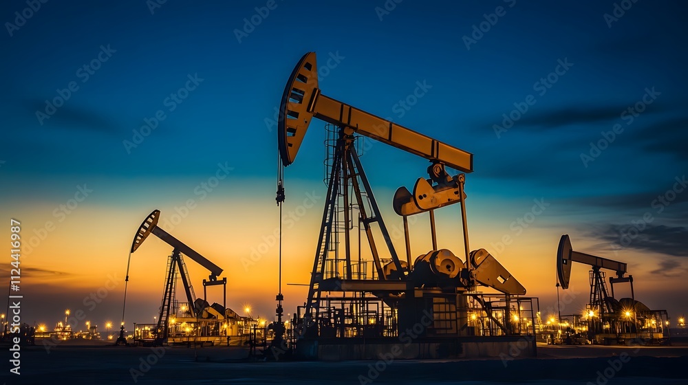 A group of oil wells that are lit up at night. Scene is serene and tranquil, as the lights from the wells create a warm and inviting atmosphere A group of oil wells that are lit up at night. Scene is serene and tranquil, as the lights from the wells create a warm and inviting atmosphere