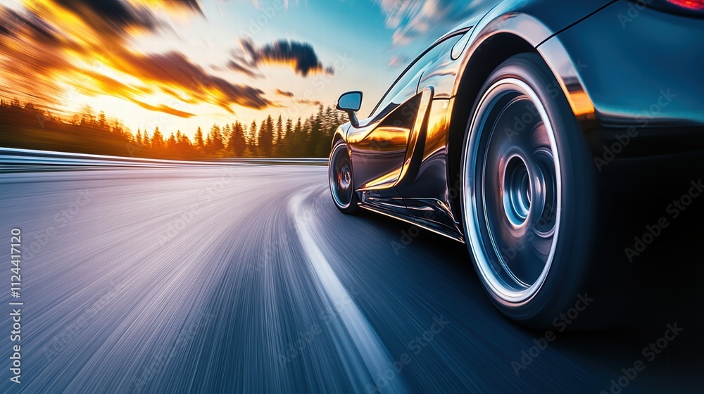 A dynamic shot of a sleek sports car speeding on a curving highway at sunset. The vibrant colors and motion blur create an intense sense of speed and adventure. Perfect for automotive, travel A dynamic shot of a sleek sports car speeding on a curving highway at sunset. The vibrant colors and motion blur create an intense sense of speed and adventure. Perfect for automotive, travel