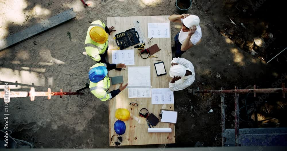 Collaboration, meeting and planning with construction worker team on building site from above. Architecture, engineering and infrastructure with industrial people at table for design discussion