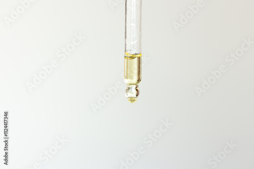 Close-up photo of a pipette with moisturizing serum. Empty space.