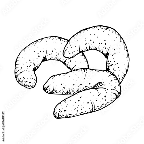 A hand drawn vector illustrations of a vanilla crescent shaped cookies with a textured. Monochrome sketch of crumbly, soft pastry, ideal for bakery branding, culinary projects, or food themed designs.