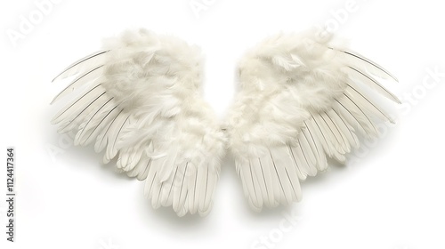 A pair of angelic wings with soft feathers laid flat on a white background.
