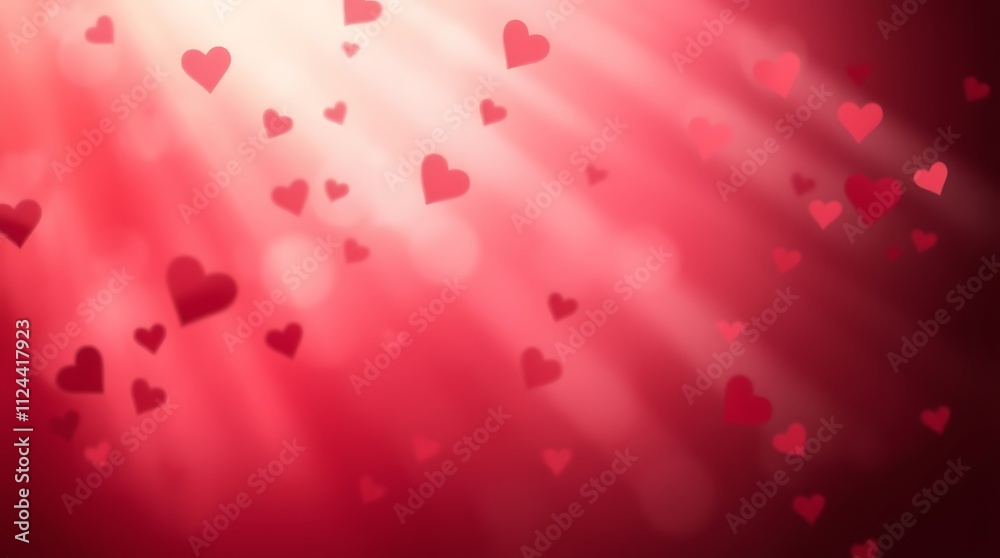 Obraz premium Radiant Hearts: A romantic Valentine's Day background of red hearts falling in a warm, radiant light. Perfect for love-themed designs and celebrations.