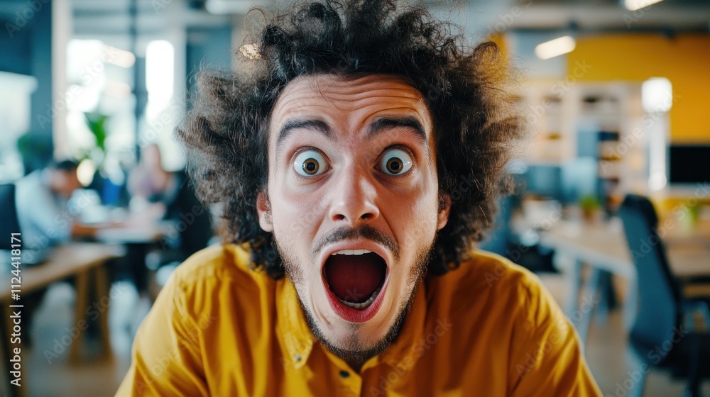 Surprised man in office setting expressing shock Surprised man in office setting expressing shock