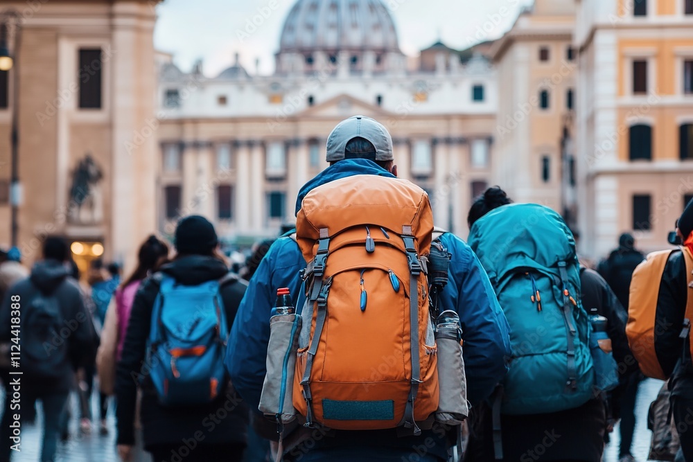 Backpackers heading towards St. Peter's Basilica in Rome. Backpackers heading towards St. Peter's Basilica in Rome.