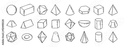 Three dimensional Hand Drawn Sketch Geometry Shapes. Doodle outline 3d geometry shapes. 