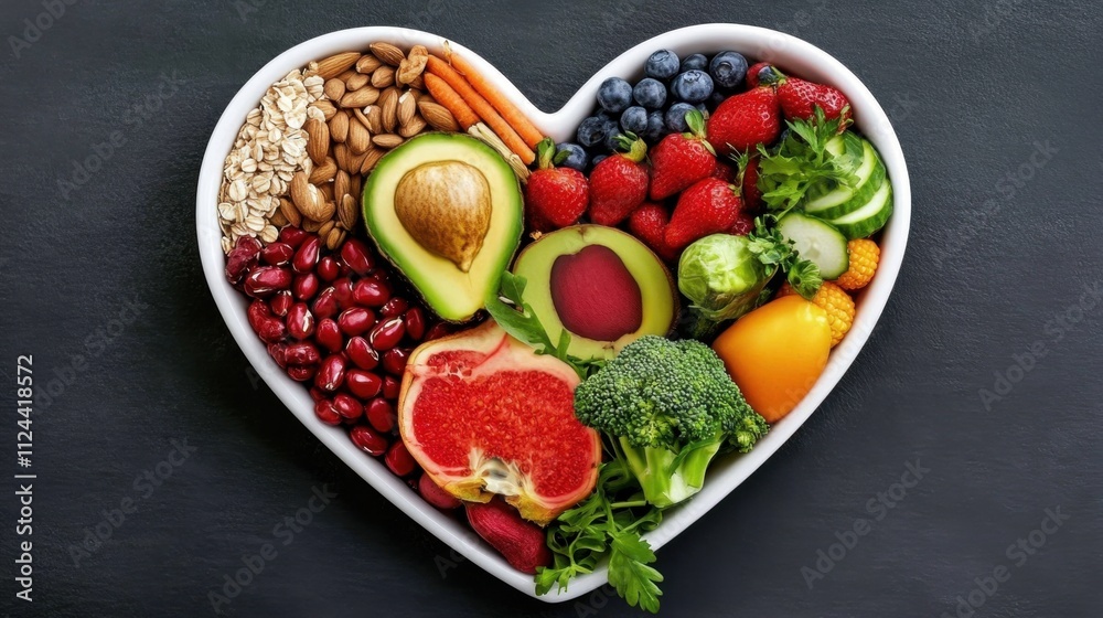Fresh fruits, vegetables, and whole grains for heart health.