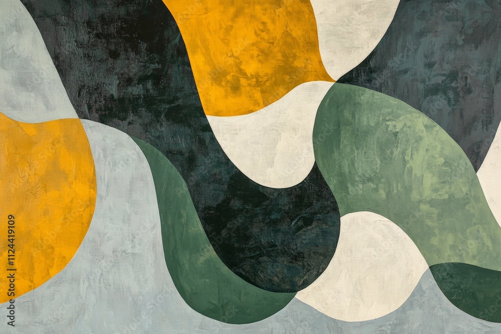 Abstract Colorful Waves: Modern Art Background with Green, Yellow, and White Shapes for Creative Design, Interior Decor, and Artistic Projects Abstract Colorful Waves: Modern Art Background with Green, Yellow, and White Shapes for Creative Design, Interior Decor, and Artistic Projects