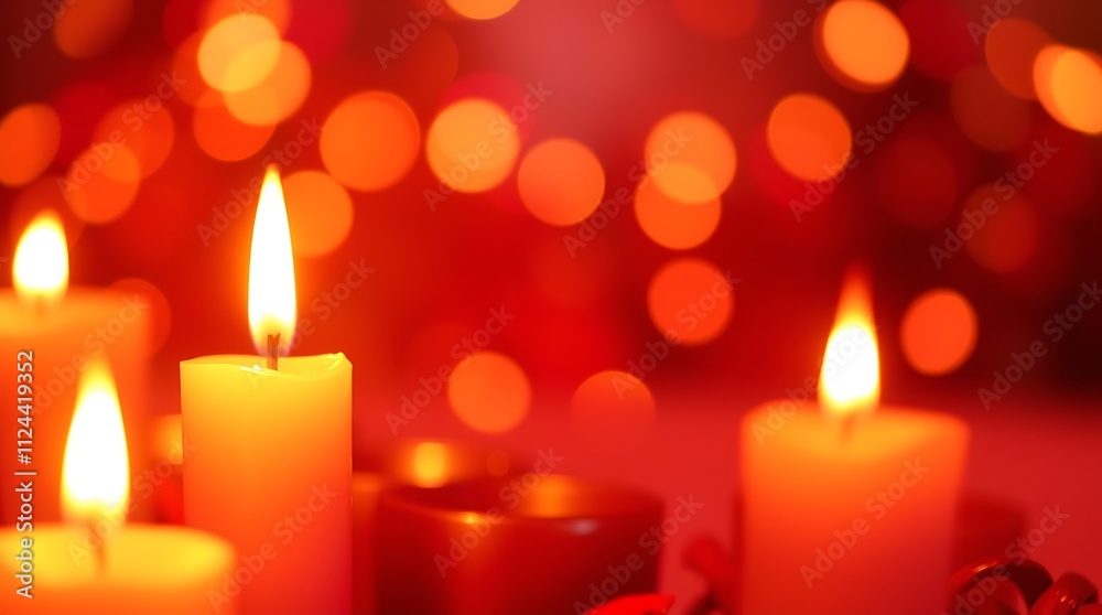 Warmth and Glow: A captivating image of flickering candlelight, illuminating a romantic and cozy atmosphere with a festive backdrop of red bokeh lights. The image evokes a sense of warmth, intimacy. Warmth and Glow: A captivating image of flickering candlelight, illuminating a romantic and cozy atmosphere with a festive backdrop of red bokeh lights. The image evokes a sense of warmth, intimacy.