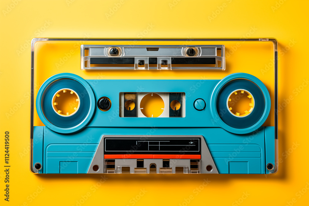 Fototapeta premium Blue cassette on a yellow isolated background. Image created with AI