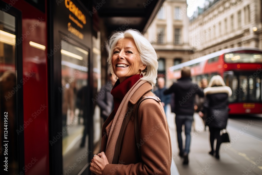 Portrait of smiling senior woman walking in the city on a sunny day