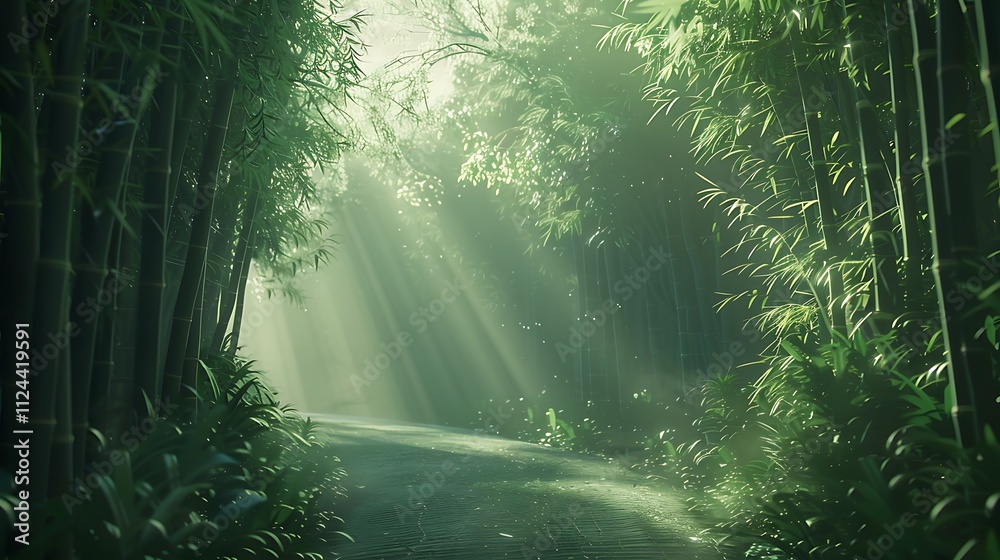 Fototapeta premium A pathway through a green bamboo forest with sunlight filtering through.