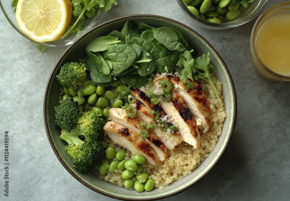 Healthy Grilled Chicken Bowl with Quinoa, Broccoli, Edamame, Spinach, and Fresh Lemon on a Textured Gray Surface Healthy Grilled Chicken Bowl with Quinoa, Broccoli, Edamame, Spinach, and Fresh Lemon on a Textured Gray Surface