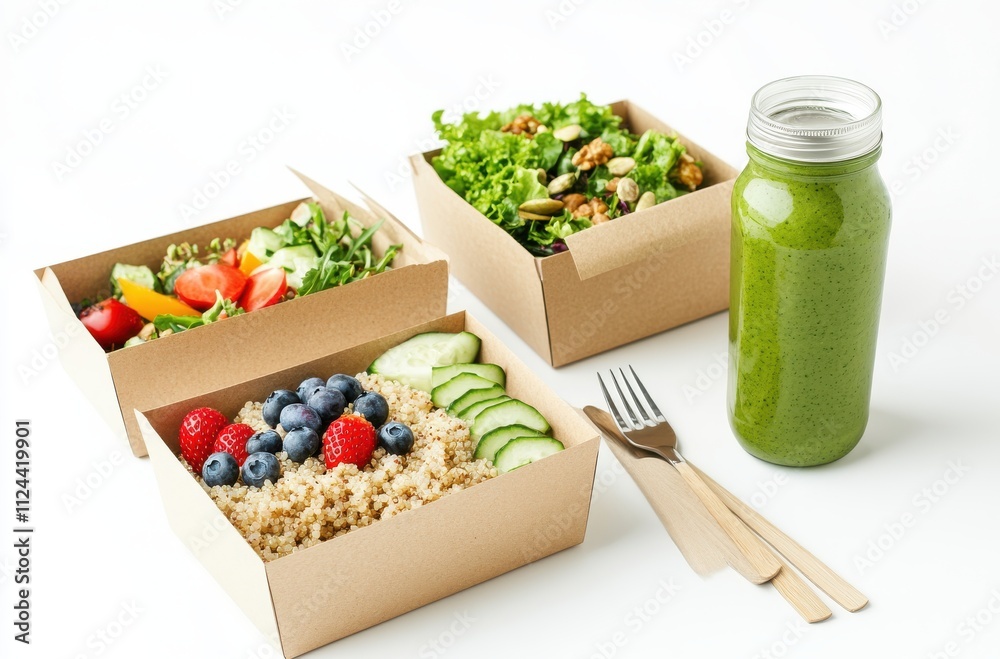 Healthy Meal Prep with Quinoa, Fresh Vegetables, and Green Smoothie in Eco-Friendly Packaging for a Nutritious Lifestyle Healthy Meal Prep with Quinoa, Fresh Vegetables, and Green Smoothie in Eco-Friendly Packaging for a Nutritious Lifestyle