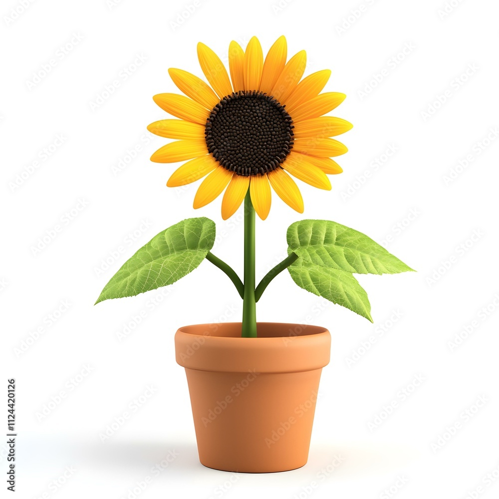 Obraz premium Sunflower in Pot: A cheerful sunflower blooms in a terracotta pot, symbolizing growth, optimism, and the beauty of nature. Its vibrant yellow petals and lush green leaves evoke feelings of warmth.