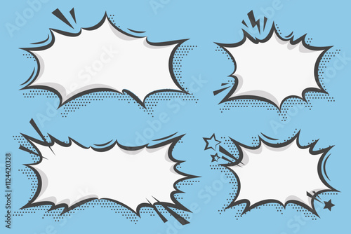 Manga speech bubble. Comic text frame with pop art halftone dotted effect. Balloon chat shape for dialog. Vector cloud for shock shout and scream action messages. Irregular cartoon decoration