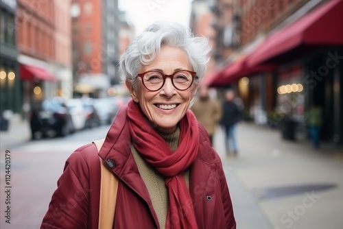 Portrait of a smiling senior woman with glasses in the city.