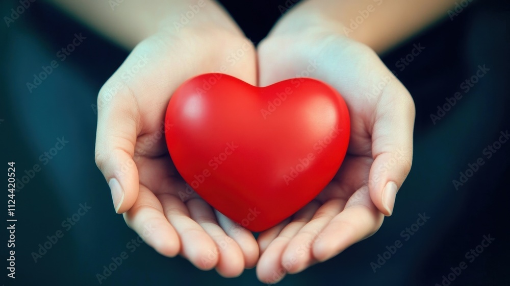 Human hands delicately holding a vibrant red heart symbol.