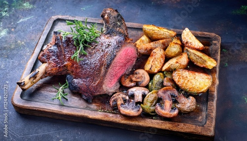 Barbecue dry aged haunch of venison with mushroom and potatoes as close-up on an old cutting board