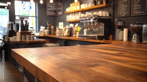 Warm Brown Wooden Countertop in a Cozy Coffee Shop Setting: A Detailed Look at the Rich Textures and Ambiance of a Cafe Interior