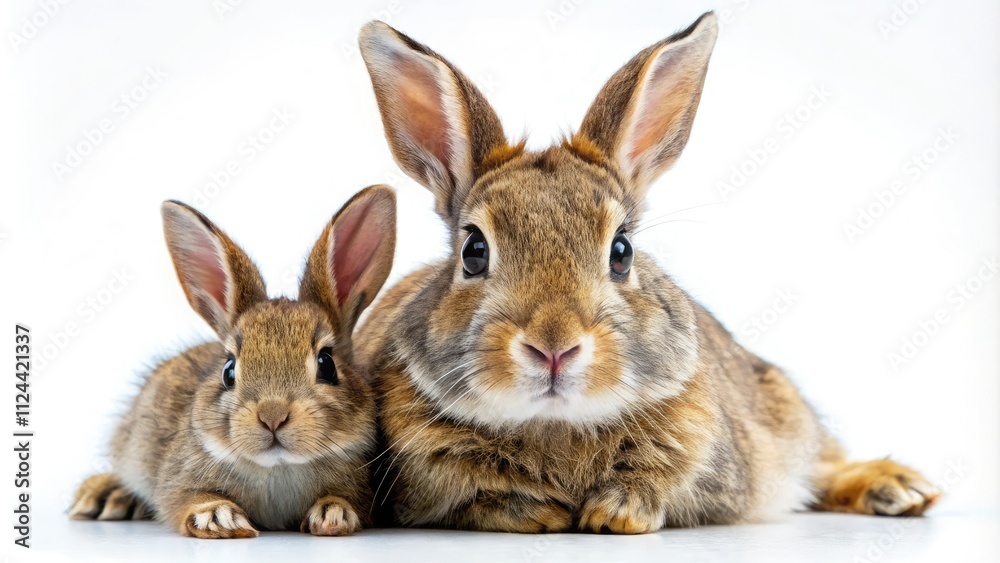 Close-up Rabbit Mother & Kit, White Background, Wildlife Photography, Bunny Family Portrait