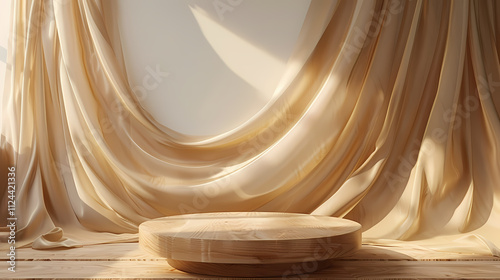 Beige Draped Fabric & Wooden Product Display: A minimalist product display featuring a round wooden platform elegantly showcased amidst softly draped beige fabric, bathed in warm, natural light.