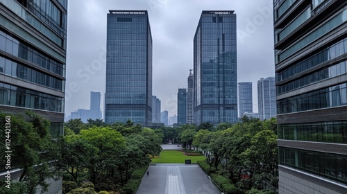 Modern city skyscrapers viewed from a park.