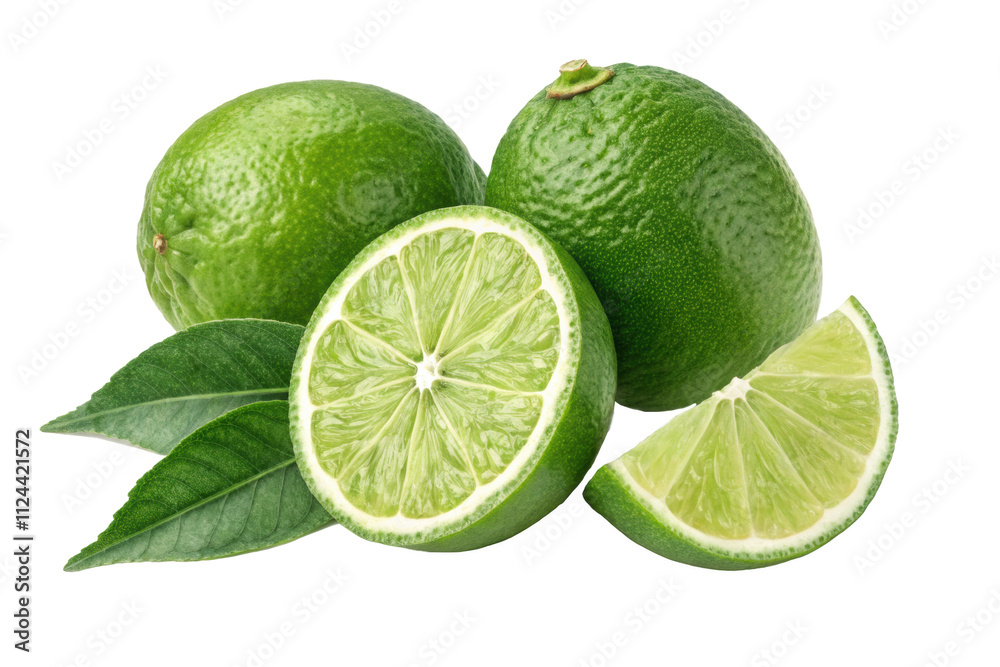 Fresh Whole and Sliced Limes with Leaves Fresh Whole and Sliced Limes with Leaves
