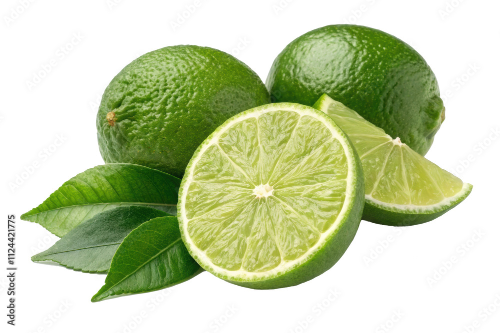 Fresh Whole and Sliced Limes with Leaves Fresh Whole and Sliced Limes with Leaves