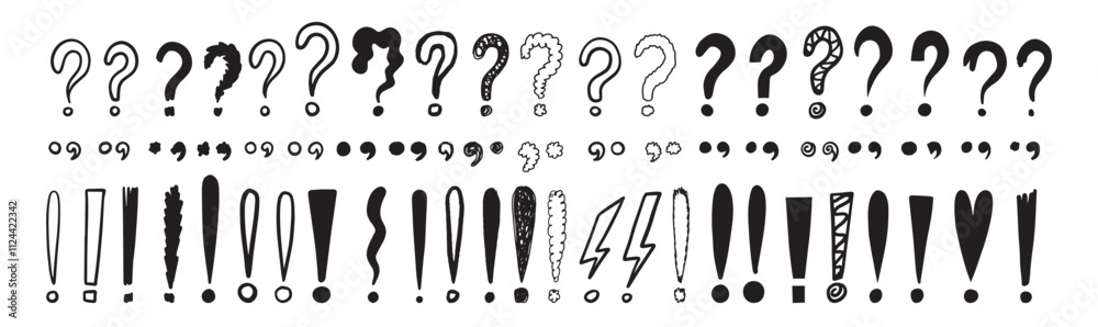 Doodle exclamation marks, question marks. Punctuation drawing black marks, Hand drawn exclamation point Doodle exclamation marks, question marks. Punctuation drawing black marks, Hand drawn exclamation point
