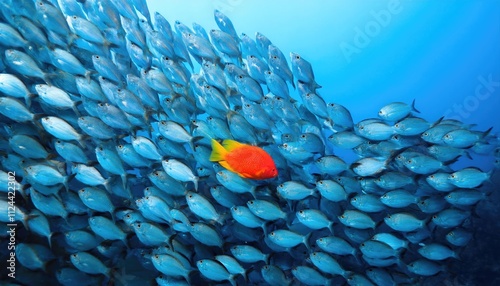 A single, brightly colored fish swimming against a school of uniform-colored fish, symbolizing individuality and nonconformity