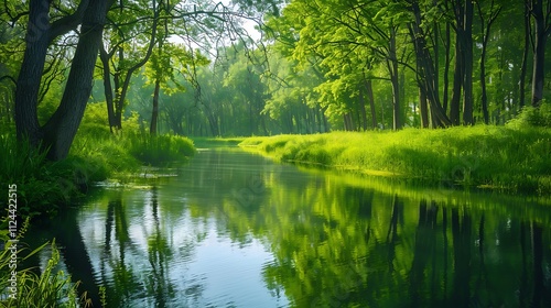 A peaceful riverbank with lush green grass and trees reflected in the still water.