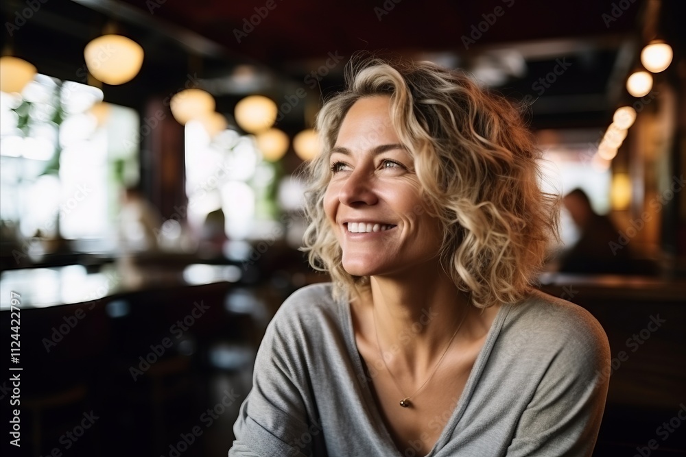Portrait of a beautiful woman in a coffee shop, smiling.