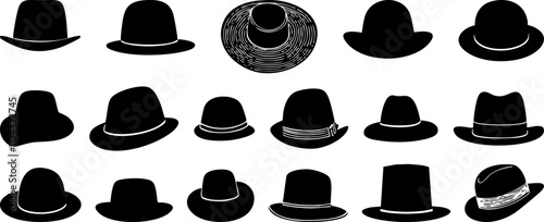 A diverse collection of hat silhouettes showcasing various styles including fedoras, beanies, and sun hats, ideal for fashion design.