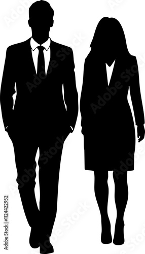 A stylish silhouette of a man and woman walking side by side, representing a professional business partnership.