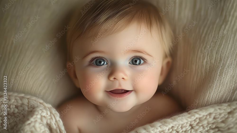 Smiling Baby on White Bed Captured in Natural Light Innocence and Happiness of Childhood Smiling Baby on White Bed Captured in Natural Light Innocence and Happiness of Childhood