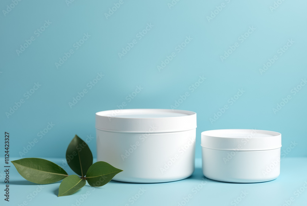 Two white containers with round lids, green leaf, blue background. Two white containers with round lids, green leaf, blue background.