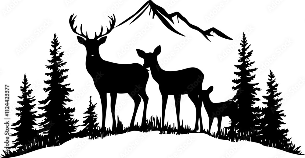 A striking silhouette of deer in a forested landscape with mountains in the background, perfect for nature-themed projects. A striking silhouette of deer in a forested landscape with mountains in the background, perfect for nature-themed projects.