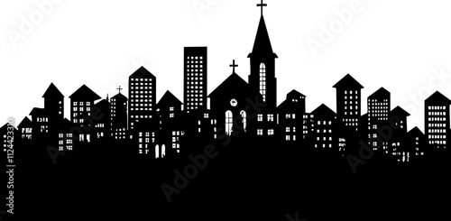 A black silhouette of a city skyline featuring various buildings and a prominent church with a cross.