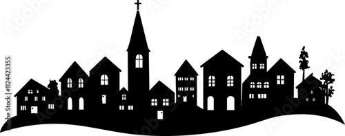 A black silhouette of a quaint town featuring various buildings, a church steeple, and trees, ideal for design projects.
