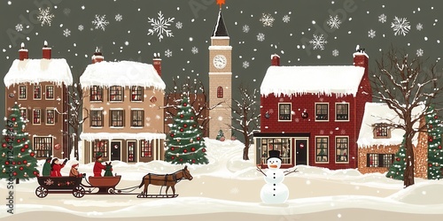 A Charming Snowy Christmas Village Scene: Festive Houses, Horse-Drawn Sleigh, and a Jolly Snowman under Falling Snow