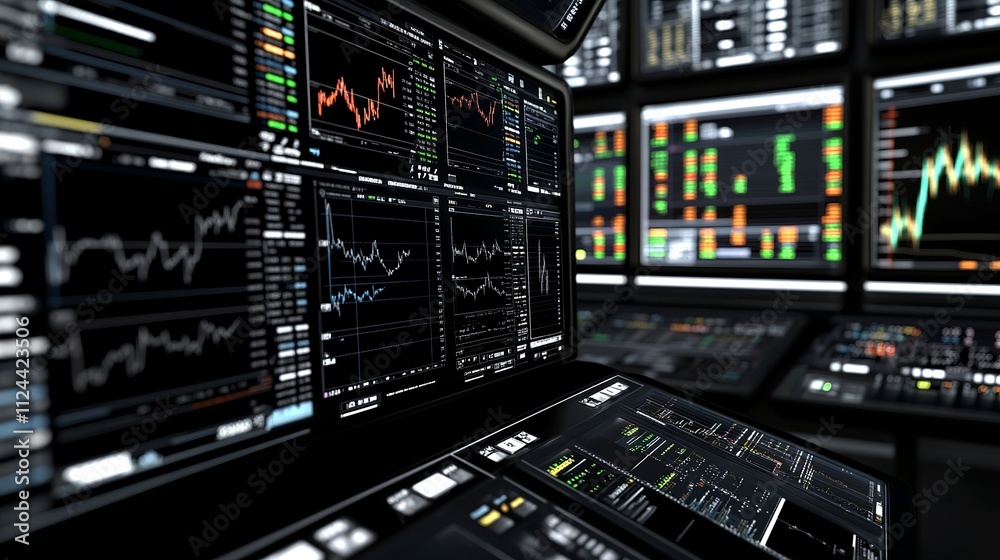 Fototapeta premium Exchanging stocks using an electronic platform: futuristic display showcasing stock market data, financial charts, and diagrams rendered in three dimensions. 