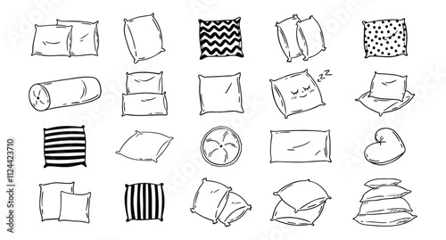 Doodle drawing pillow set. Soft pillow for sleep, outline hand drawn pillows. Rest bedroom decoration. Hand drawn cozy pillows for bed and sofa