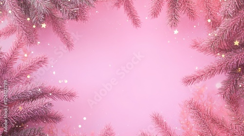 Christmas Holiday pink background, pine branches. Copy space