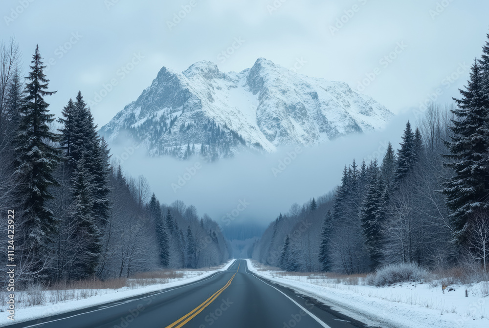 A winter road leading to a snow-capped mountain range A winter road leading to a snow-capped mountain range